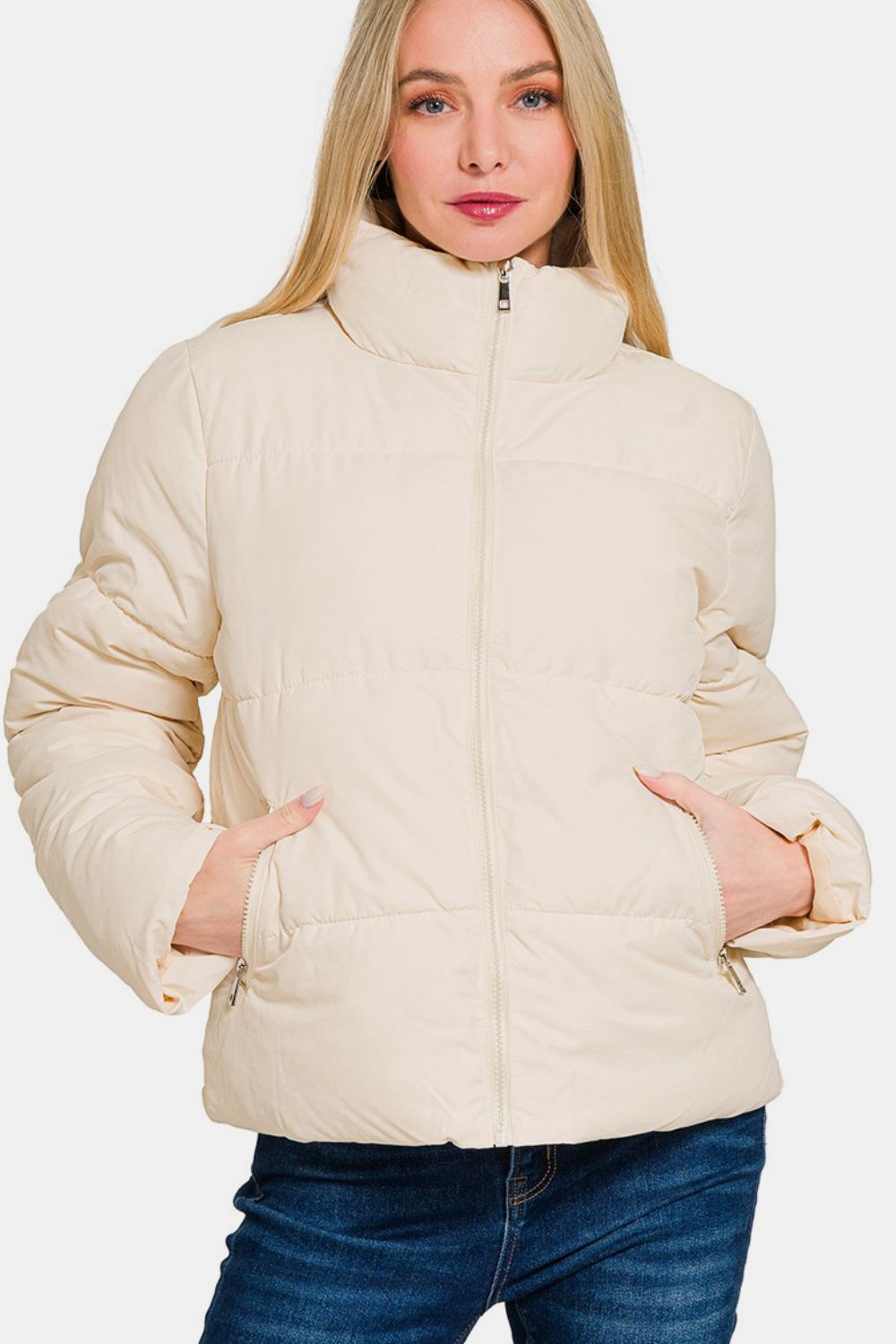 Beige Zip Up Turtleneck Puffer Jacket with Pockets