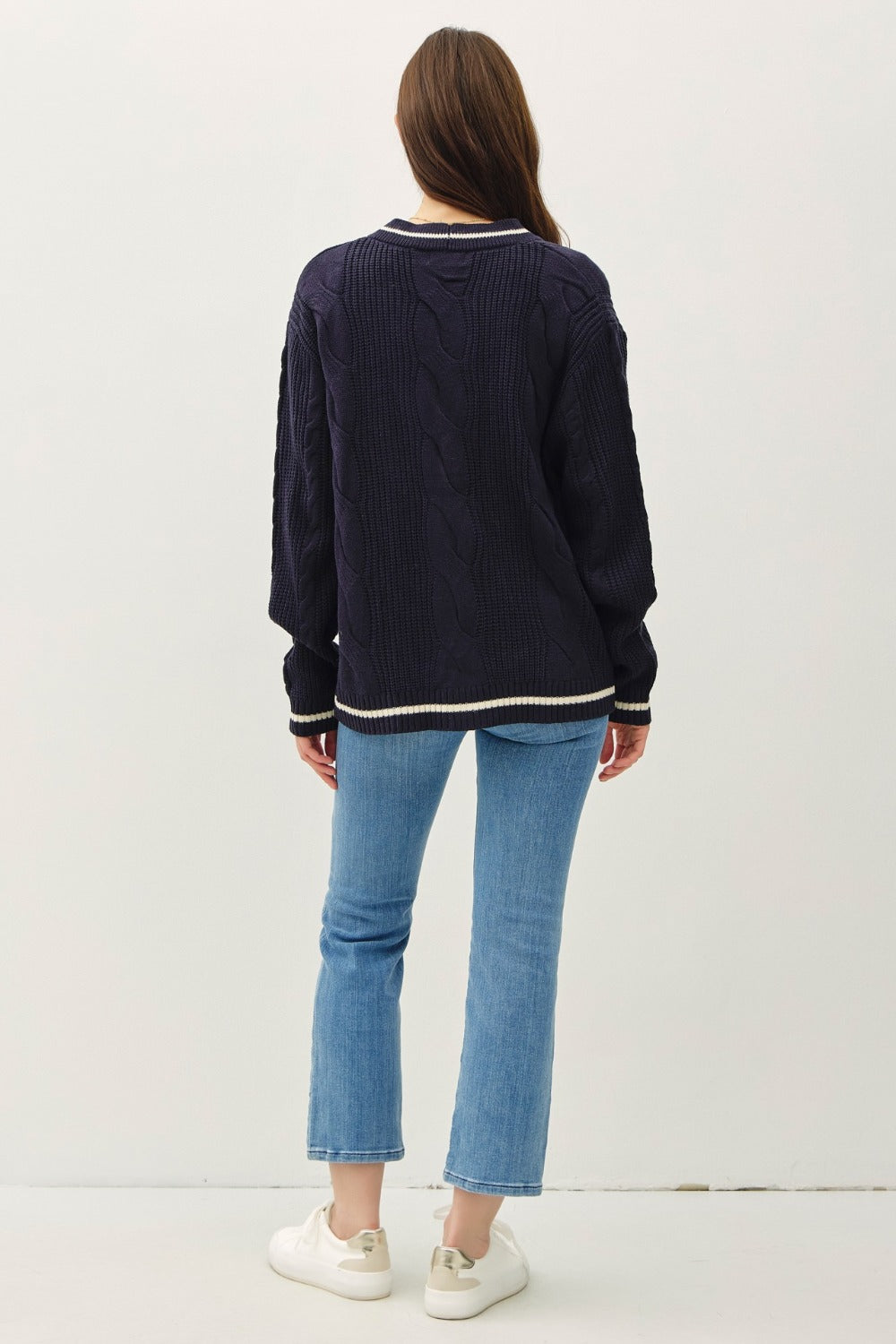 Navy Contrast Trim Cable-Knit V-Neck Cardigan