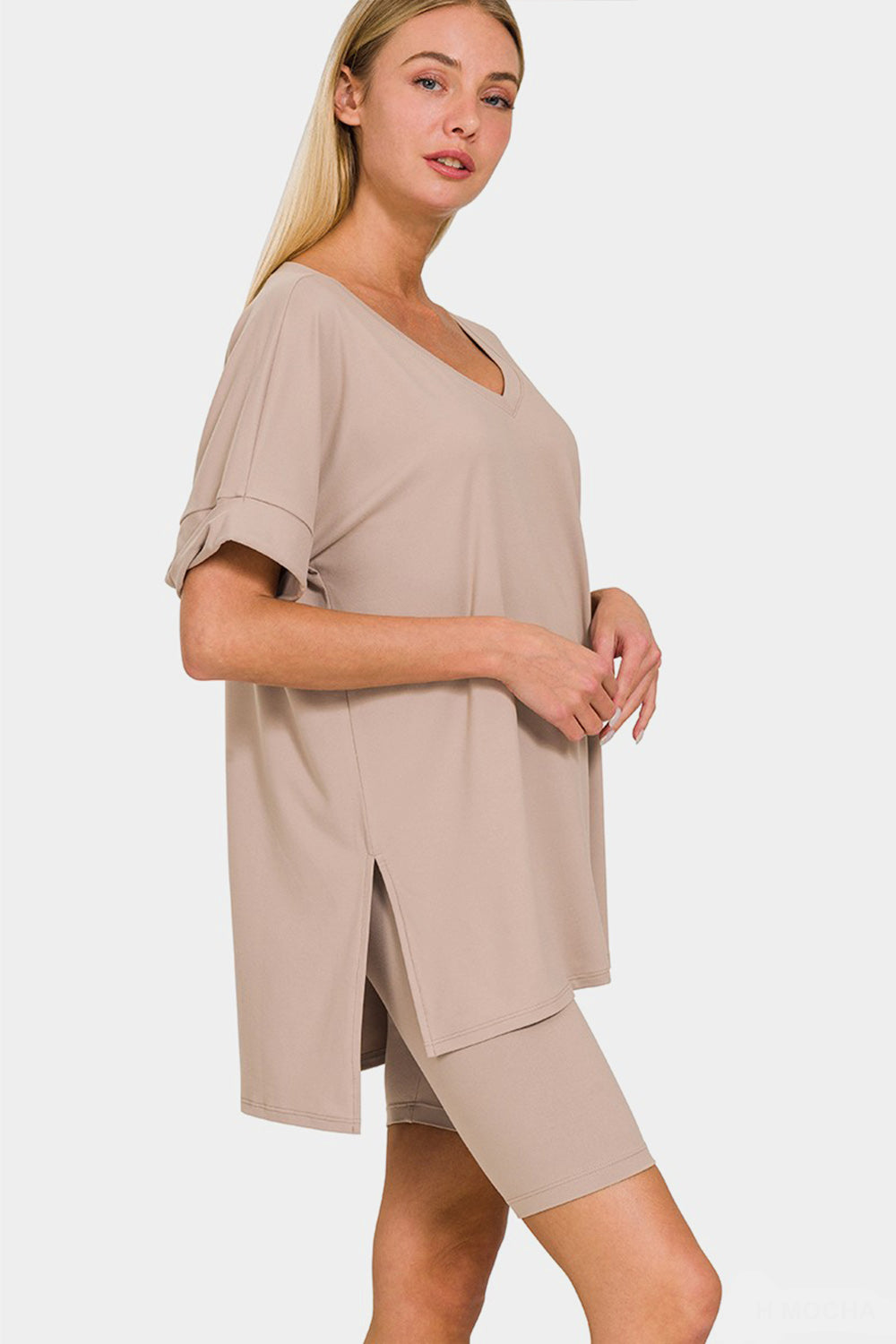 Ash Mocha V-Neck Short Sleeve Slit T-Shirt and Shorts Set
