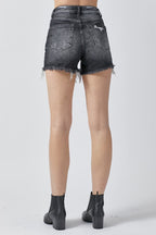 High Rise Distressed Denim Shorts Black