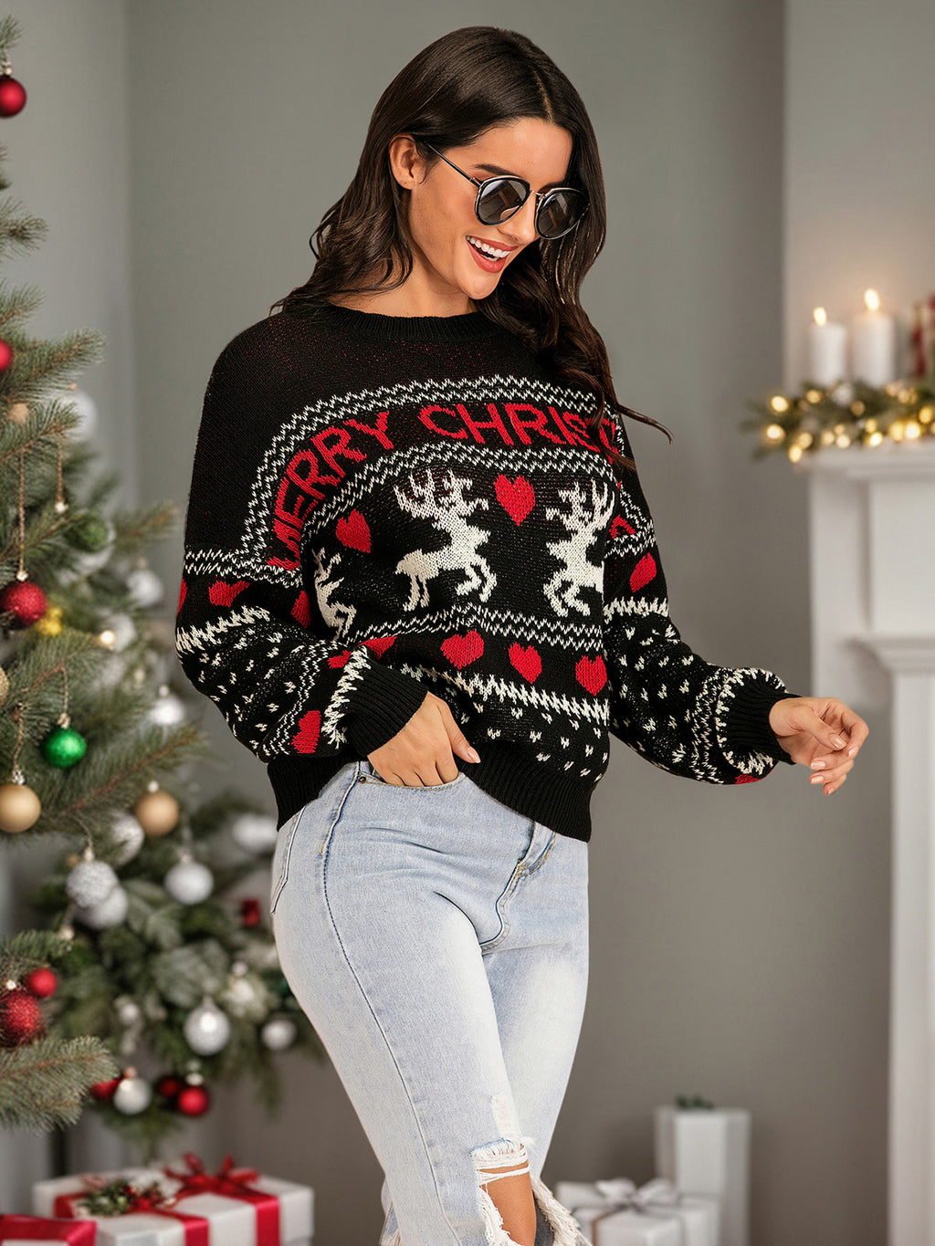 Christmas Element Round Neck Sweater Black
