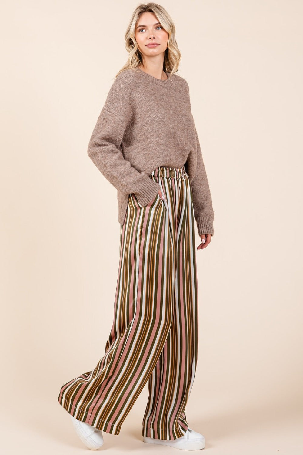 Striped Satin Elastic Waist Wide Leg Pants