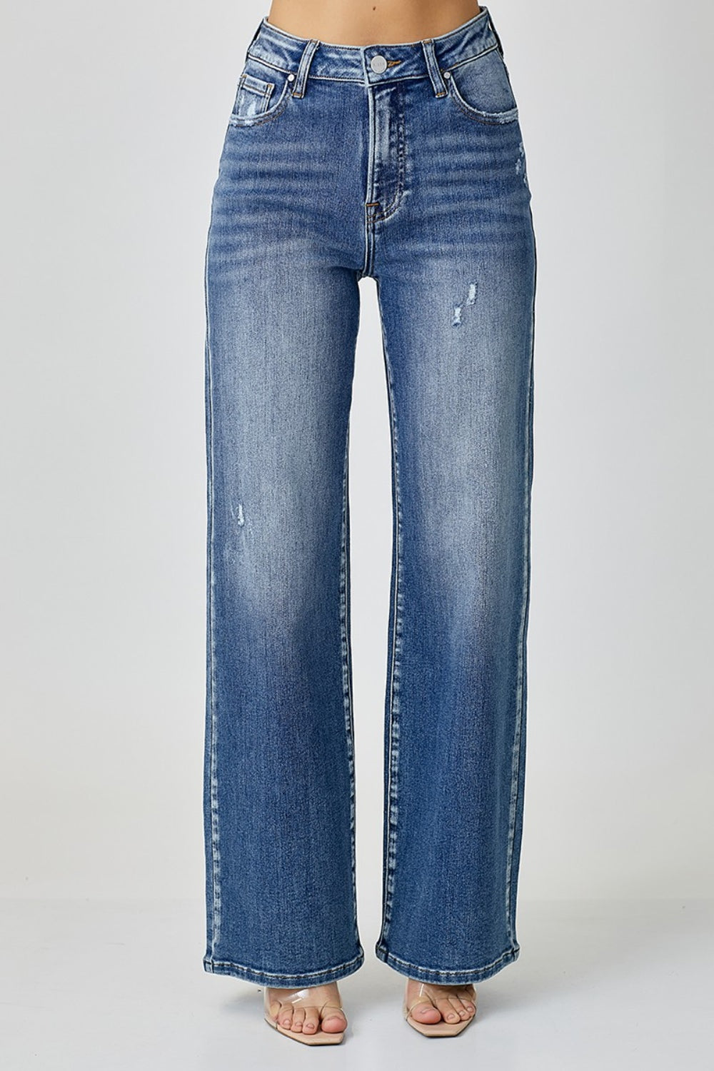 Mid Washed High Waist Wide Leg Jeans