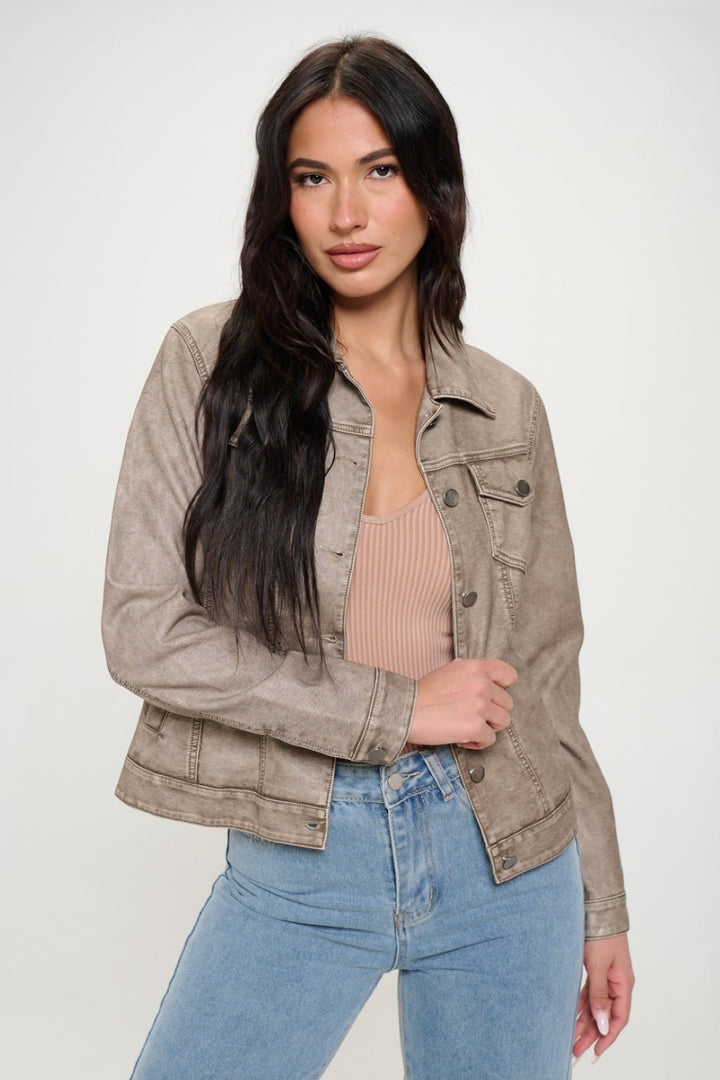 Button Down Cargo Vegan Leather Shacket in Khaki