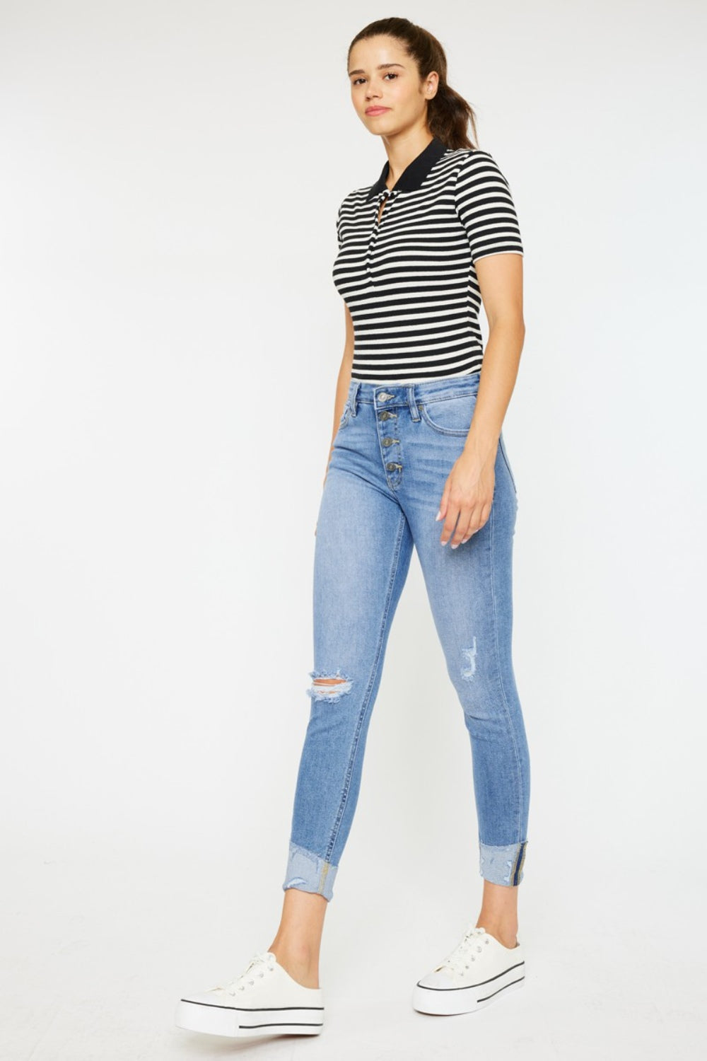 Light Blue Distressed Cat's Whiskers Button Fly Jeans