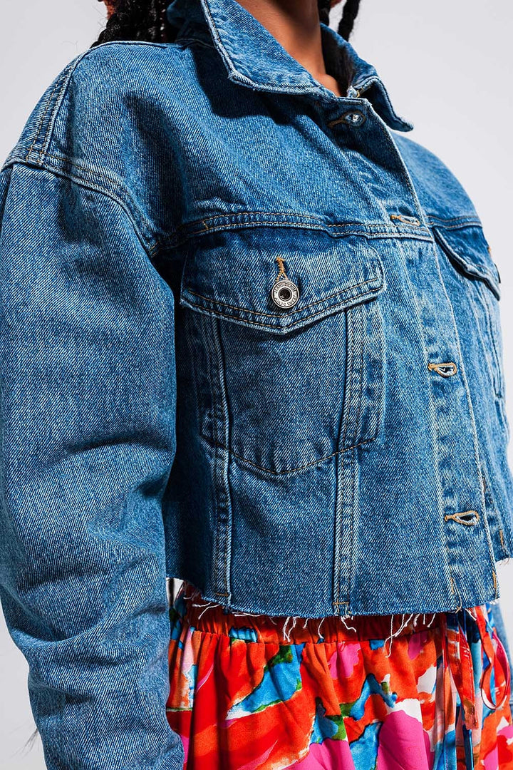 Cropped Denim Jacket with Raw Hem in Mid Wash