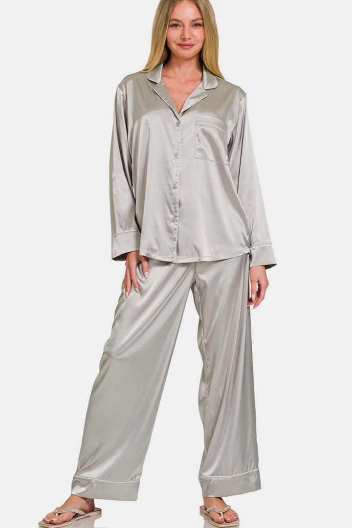 Silver Grey Satin Long Sleeve Shirt and Pants Pajama Set