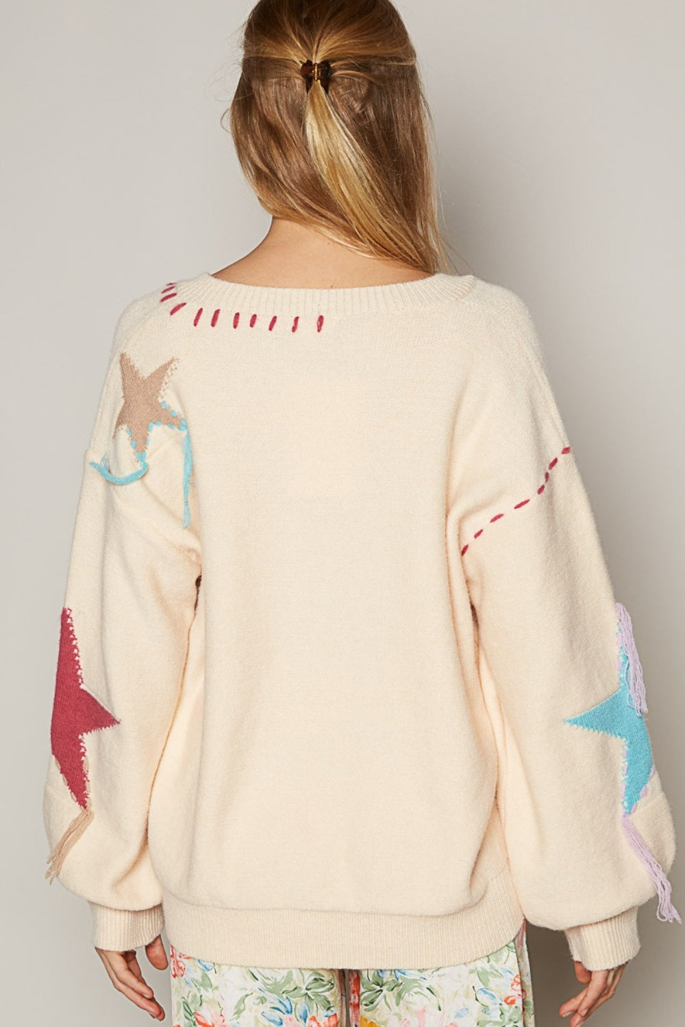 Pale Beige V-Neck Long Sleeve Star Fringe Sweater