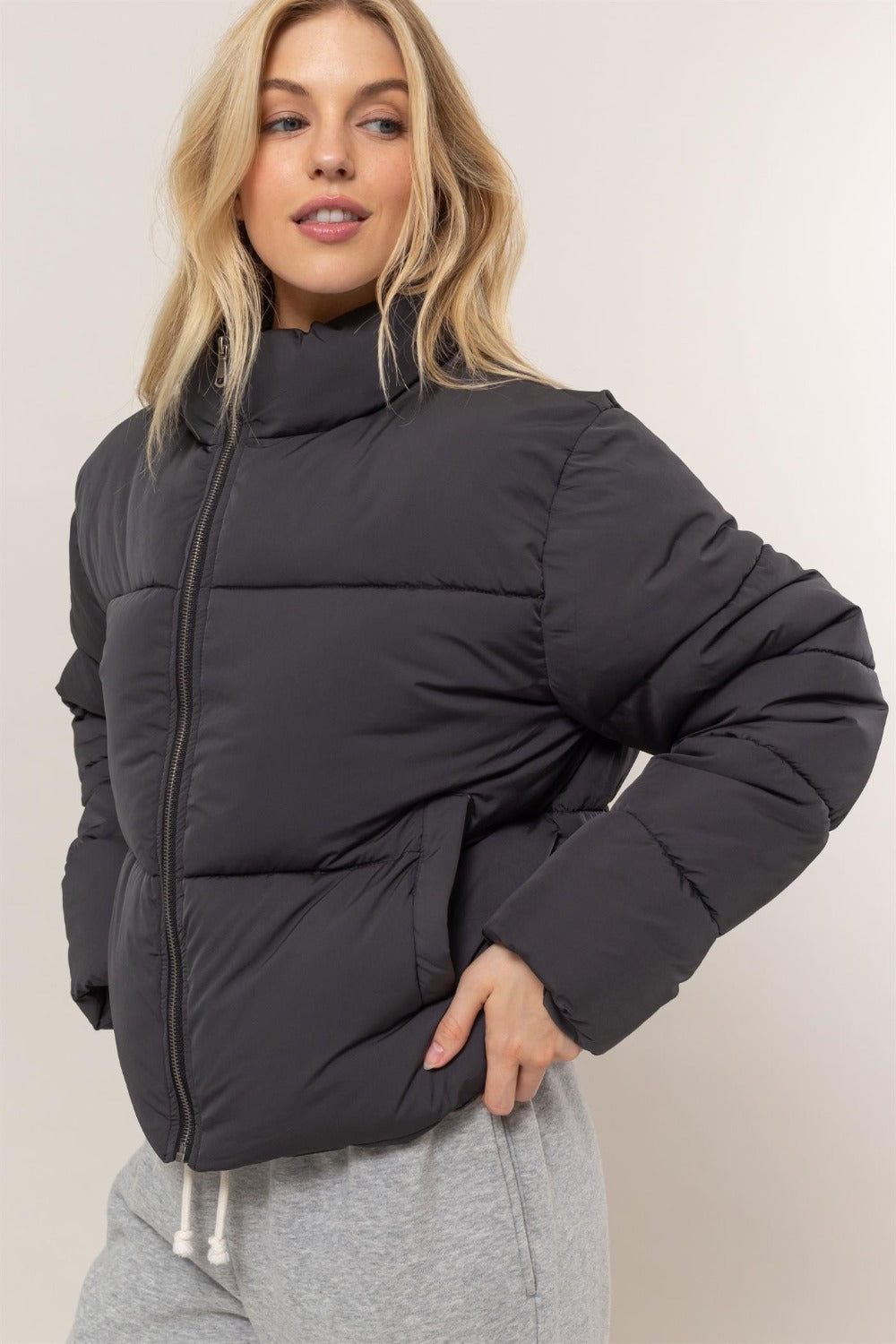 Quilted Back Drawstring Puffer Jacket Black