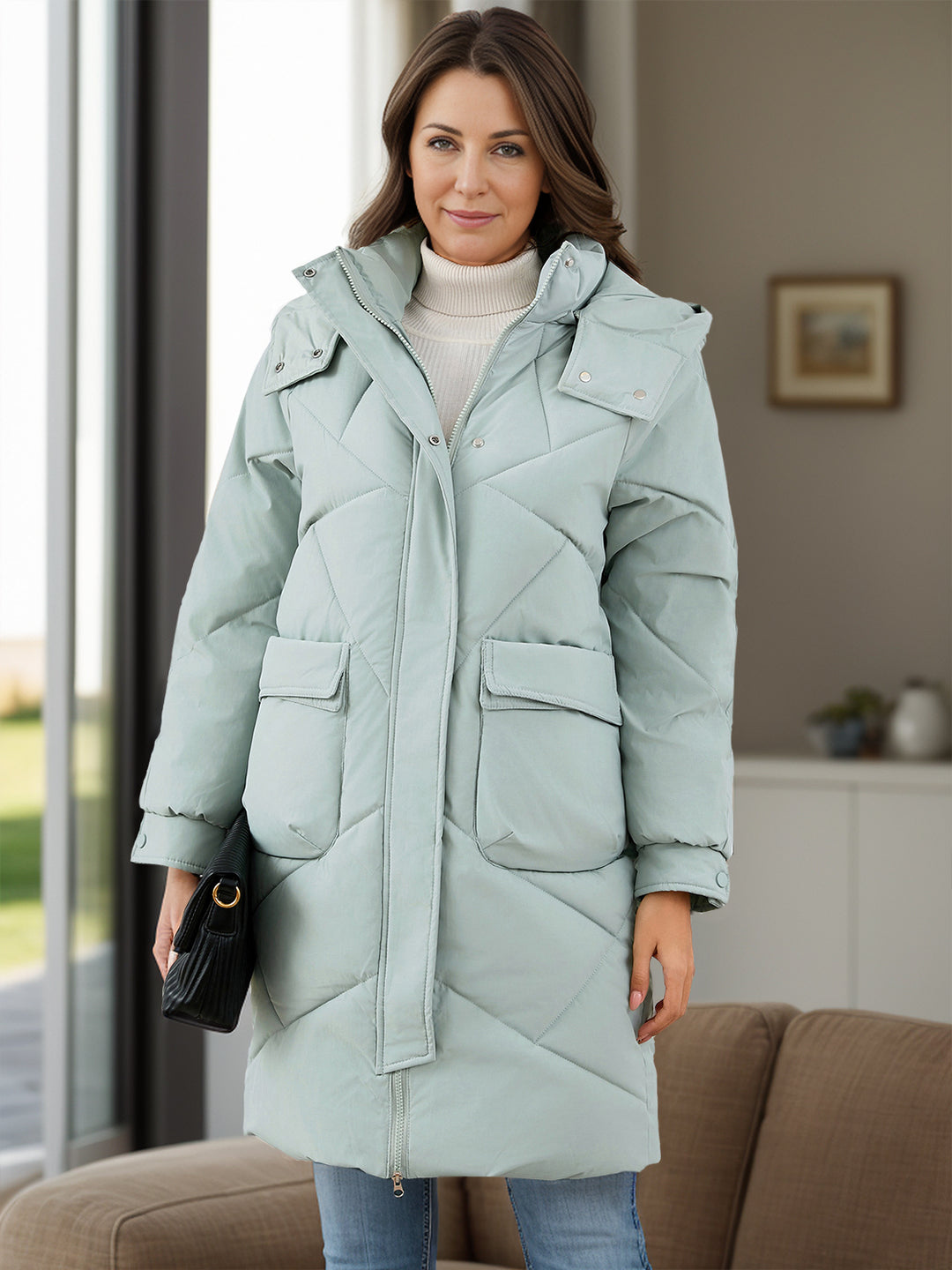 Long Sleeve Longline Hooded Winter Coat with Pockets