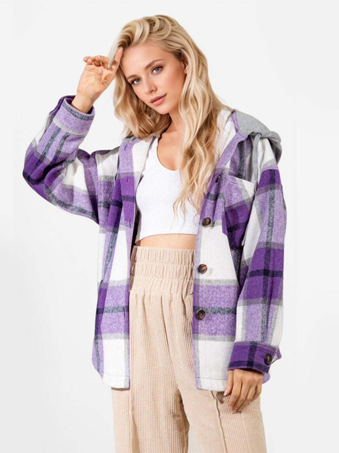 Drawstring Plaid Button Up Long Sleeve Hooded Shacket