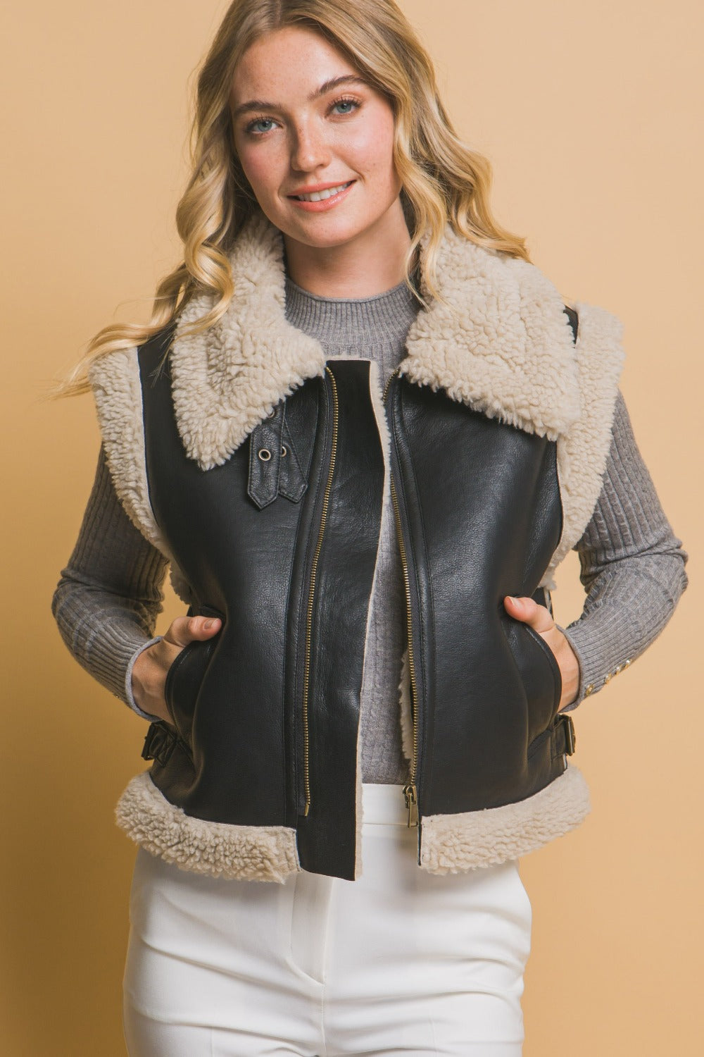 Black Sherpa Zip Up Vest with Pockets