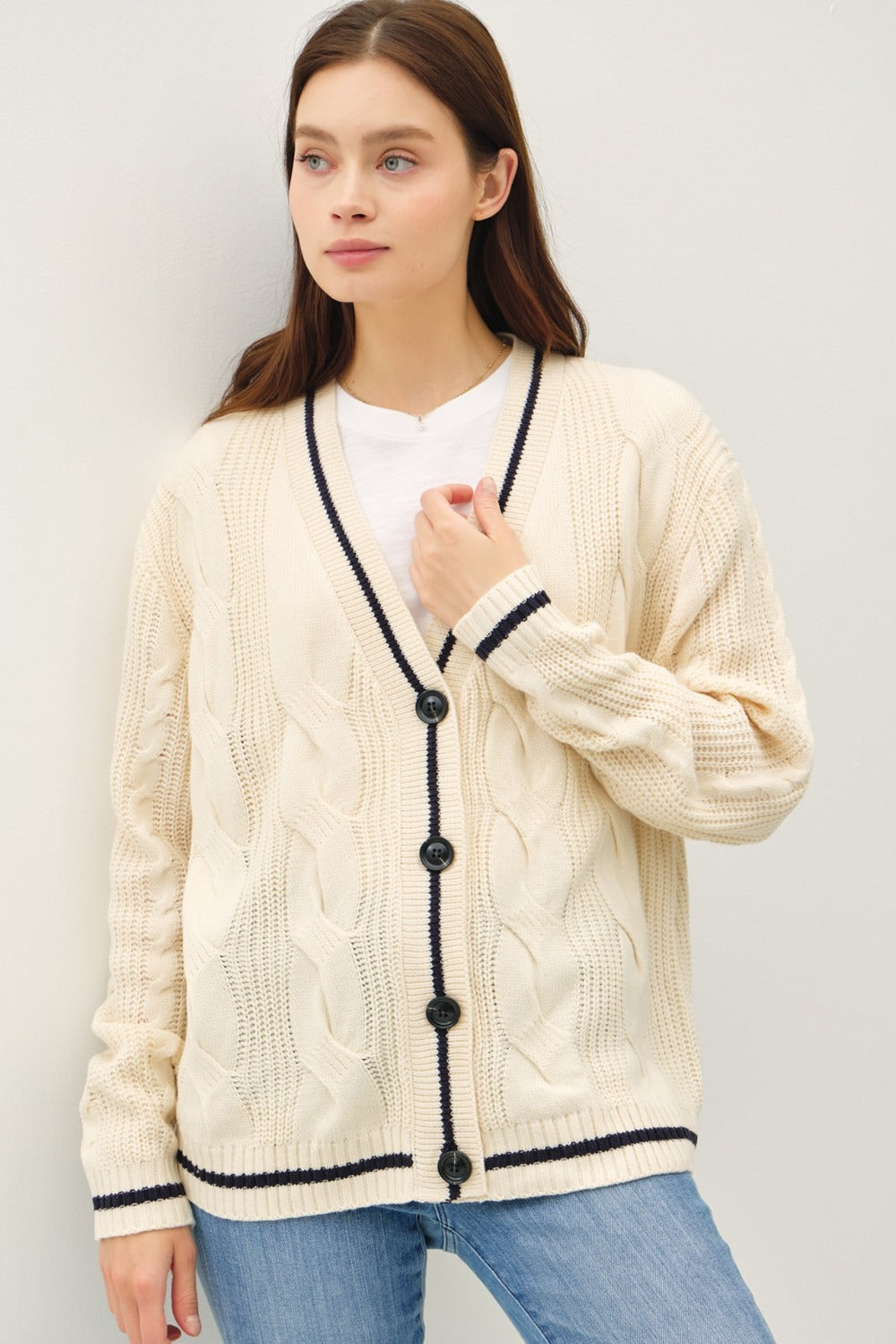 Beige Contrast Trim Cable-Knit V-Neck Cardigan