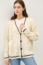 Beige Contrast Trim Cable-Knit V-Neck Cardigan