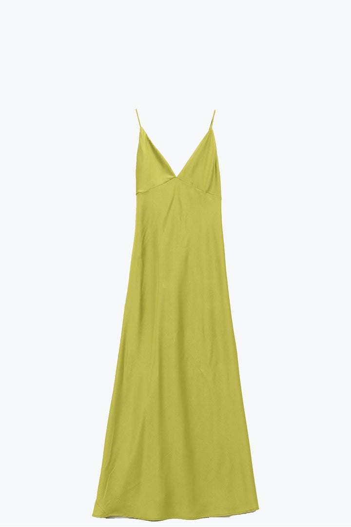 Satin Maxi Dress with Spaghetti Straps in Lime Green