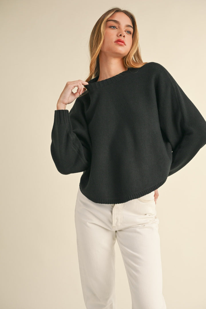 Black Round Neck Dolman Sleeve Cropped Sweater