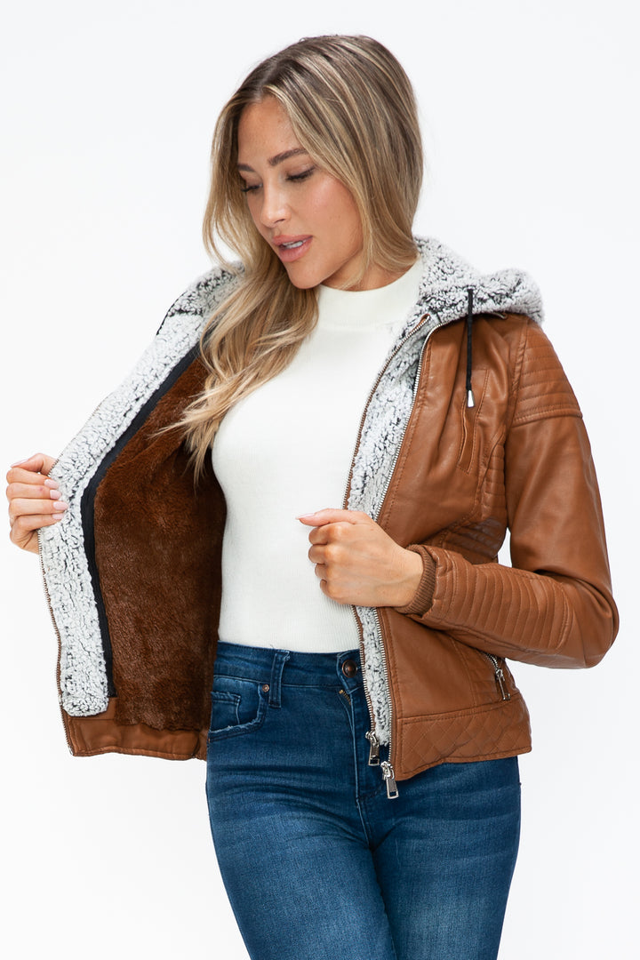 Faux Layered Double-Zipper Jacket with Fuzzy Hood