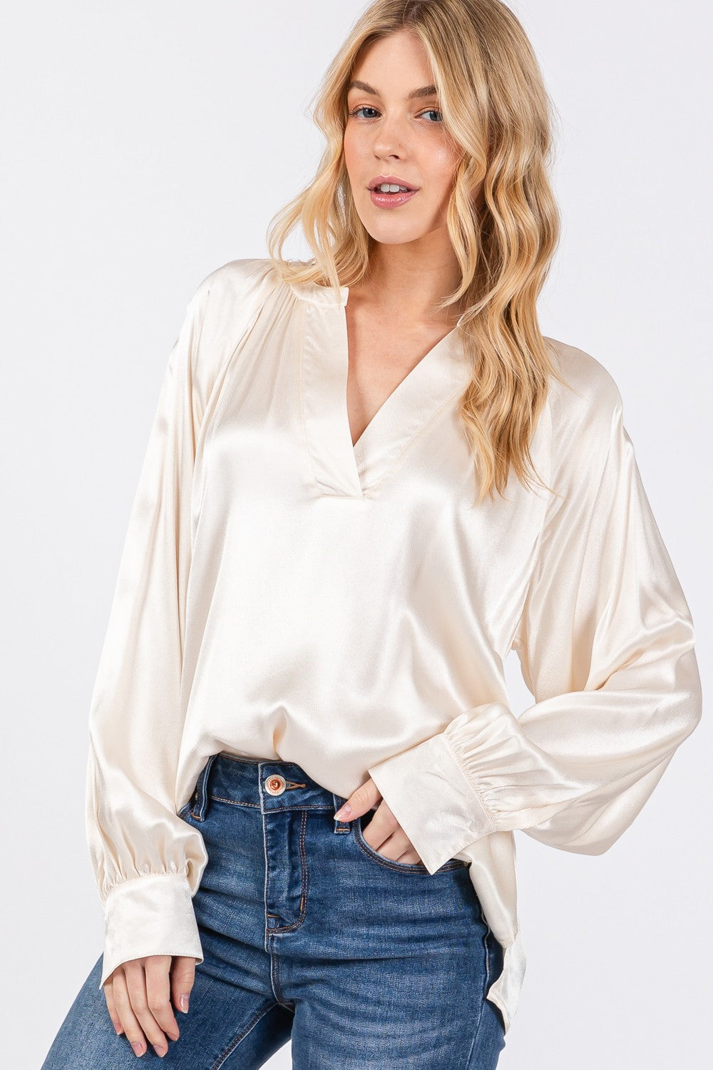 Ivory Notched Long Sleeve Blouse