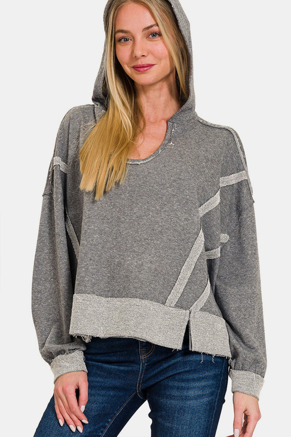 Dark Grey Contrast Trim Slit Hoodie