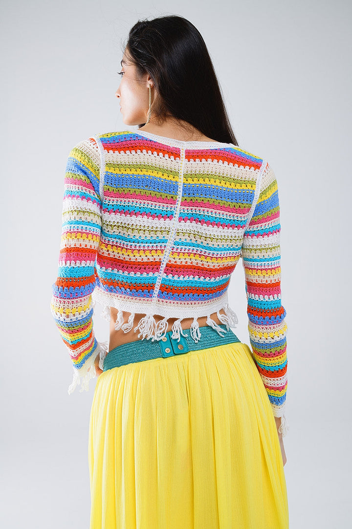 Cropped Crochet Cardigan in Multicolor Stripe