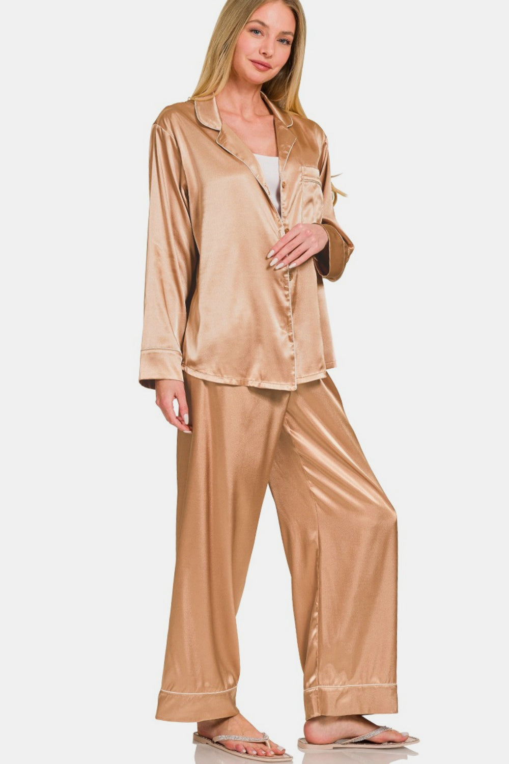 Brush Satin Long Sleeve Shirt and Pants Pajama Set