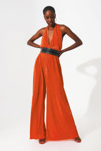 Satin Halter Neck Pleated Maxi Jumpsuit in Orange