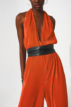 Satin Halter Neck Pleated Maxi Jumpsuit in Orange