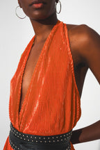 Satin Halter Neck Pleated Maxi Jumpsuit in Orange
