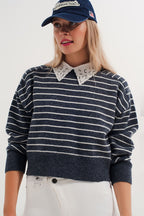 Striped Knitted Sweater with Wrangler Sleeves Blue and White