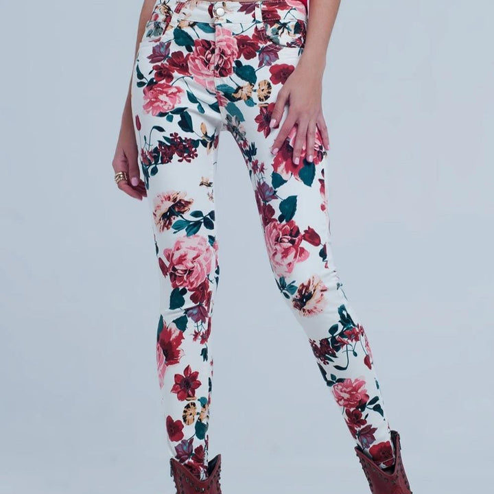 White Jeans with Roses Print