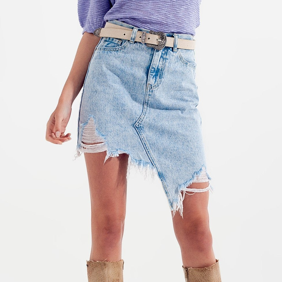 Distressed Denim Skirt in Bleach Wash