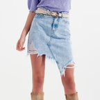 Distressed Denim Skirt in Bleach Wash