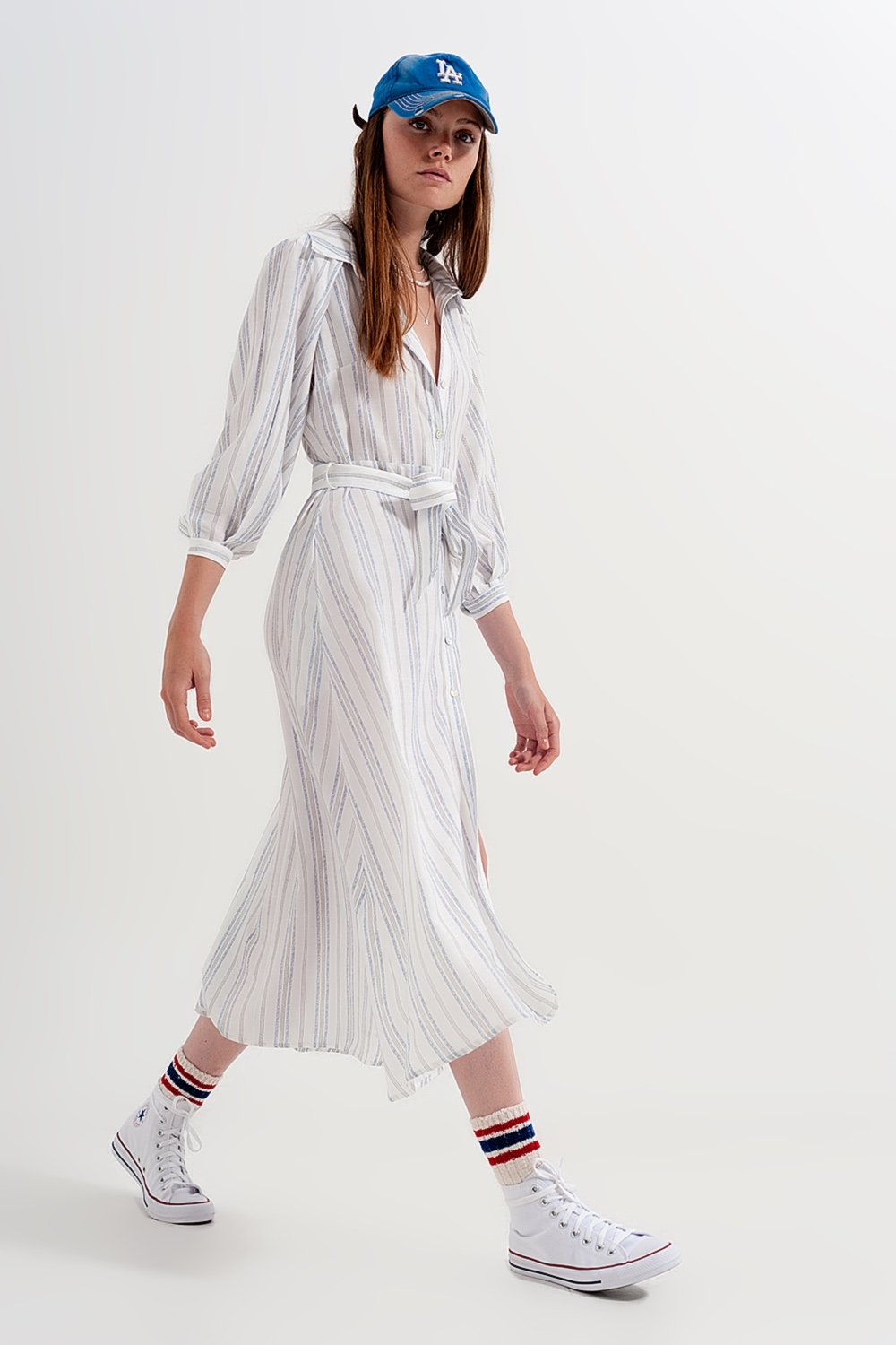 Button Through Smock Midi Dress in Stripe