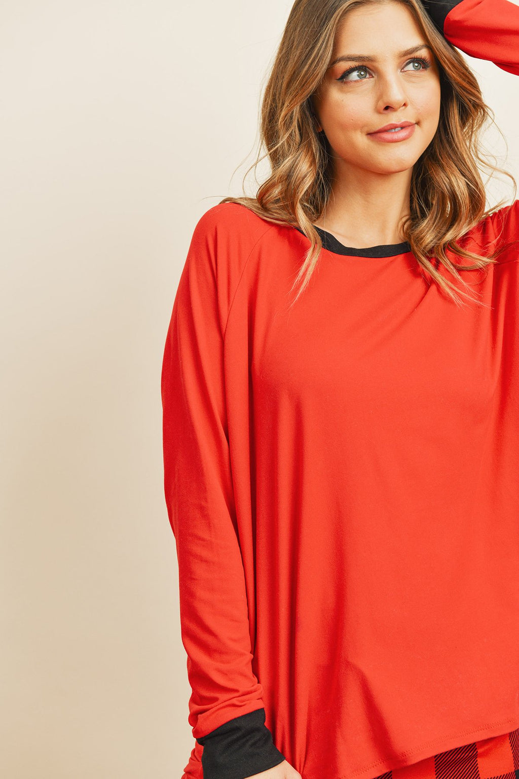 Solid Top and Plaid Joggers Set with Self Tie