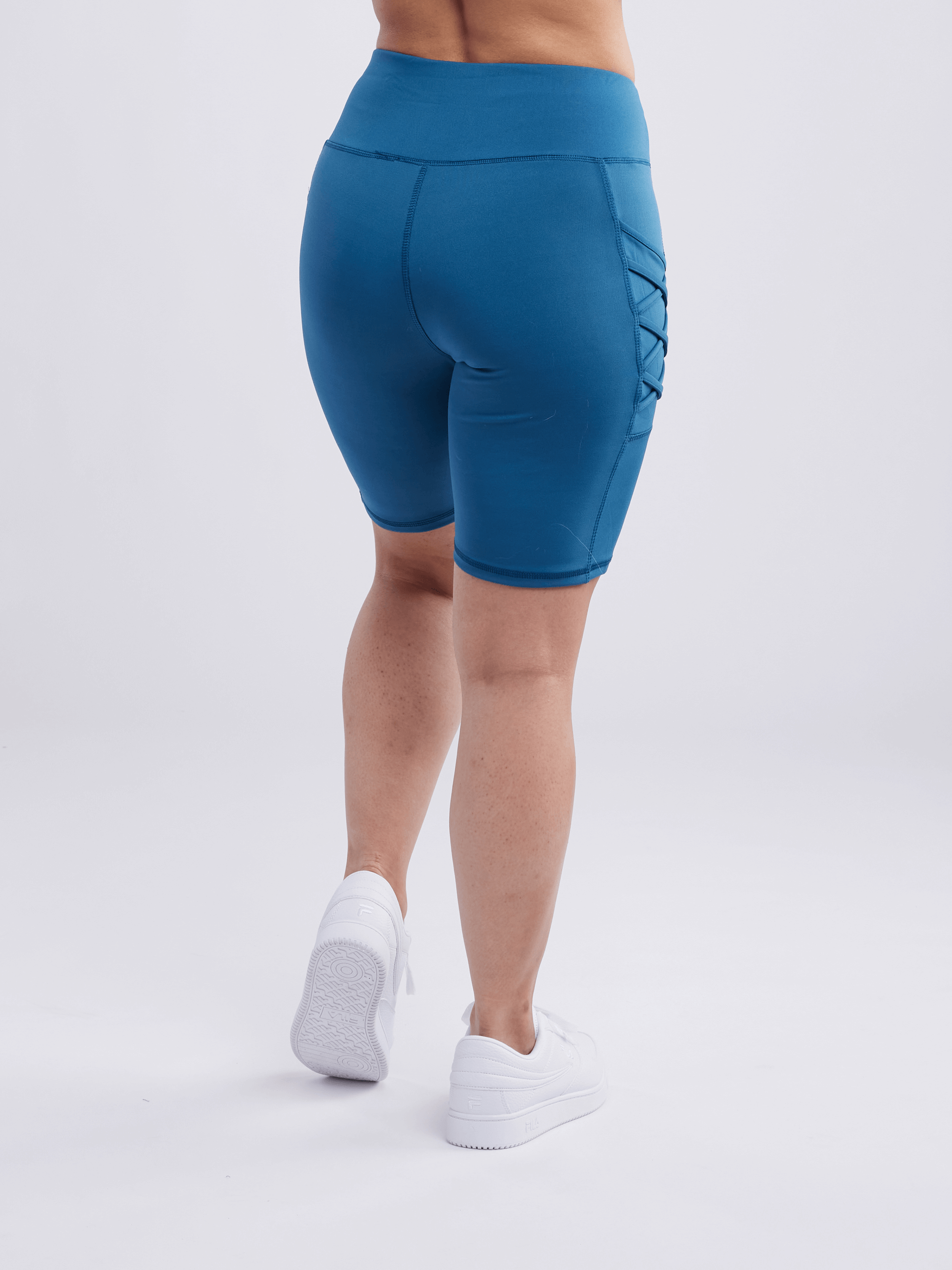 High-Waisted Workout Shorts with Pockets with Criss Cross Design