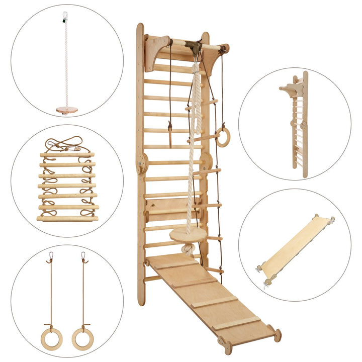 3-in-1: Wooden Swedish Wall Climbing Ladder + Swing Set + Slide Board