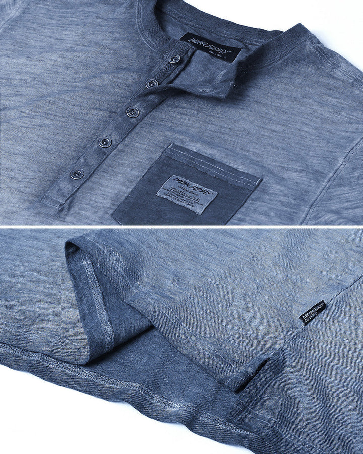 Vintage Blue Dyed Short Sleeve Crew Neck Chest Pocket Henley Shirt