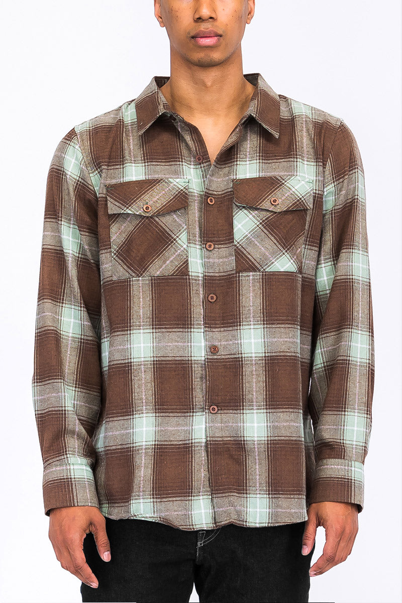 Long Sleeve Checkered Plaid Brushed Flannel