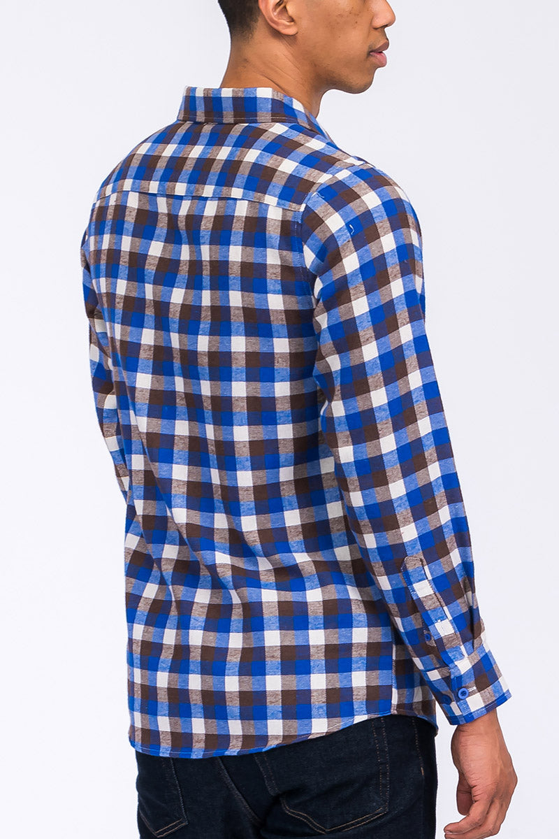 Long Sleeve Checkered Plaid Brushed Flannel