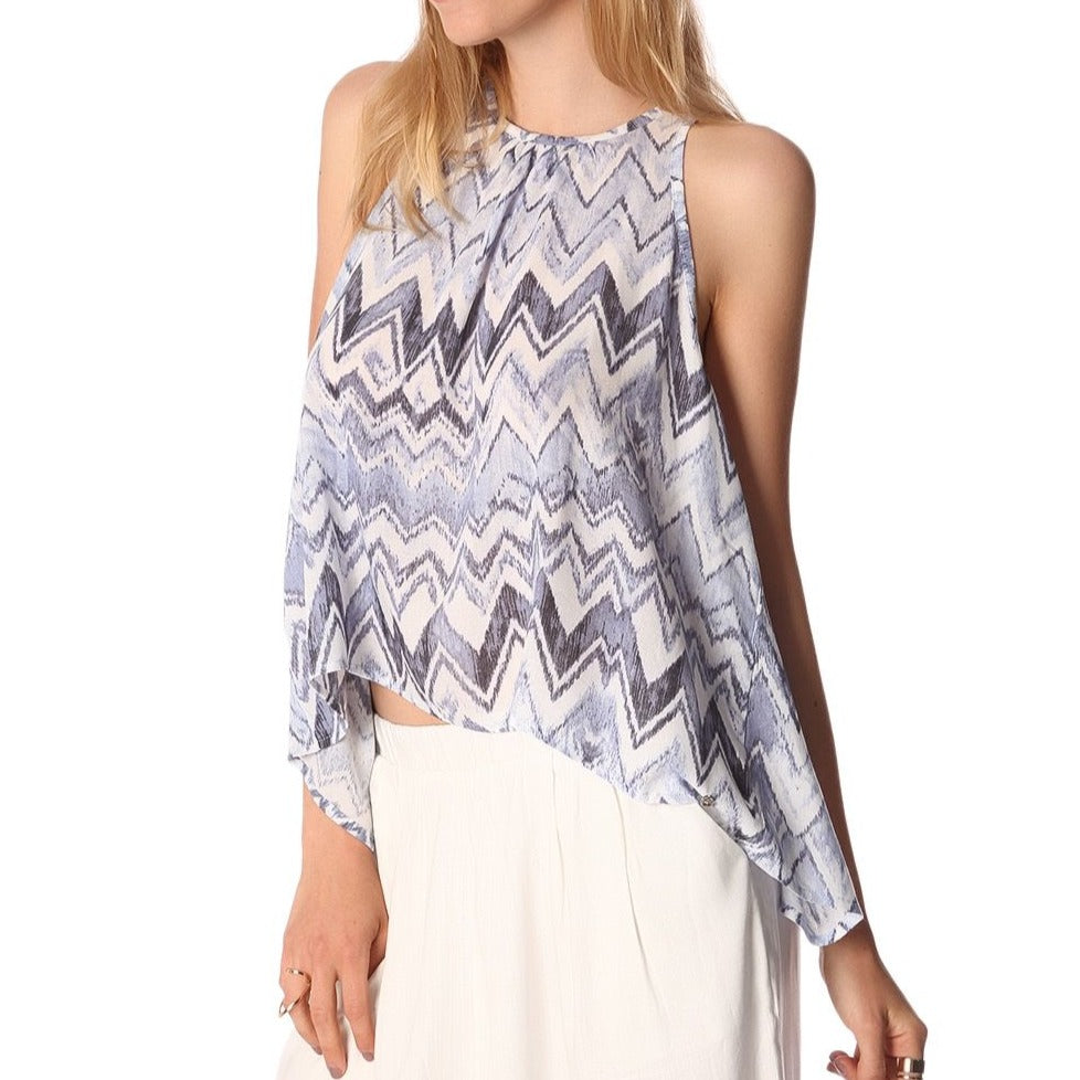 Blue Top with Dip Back in Zig Zag Print