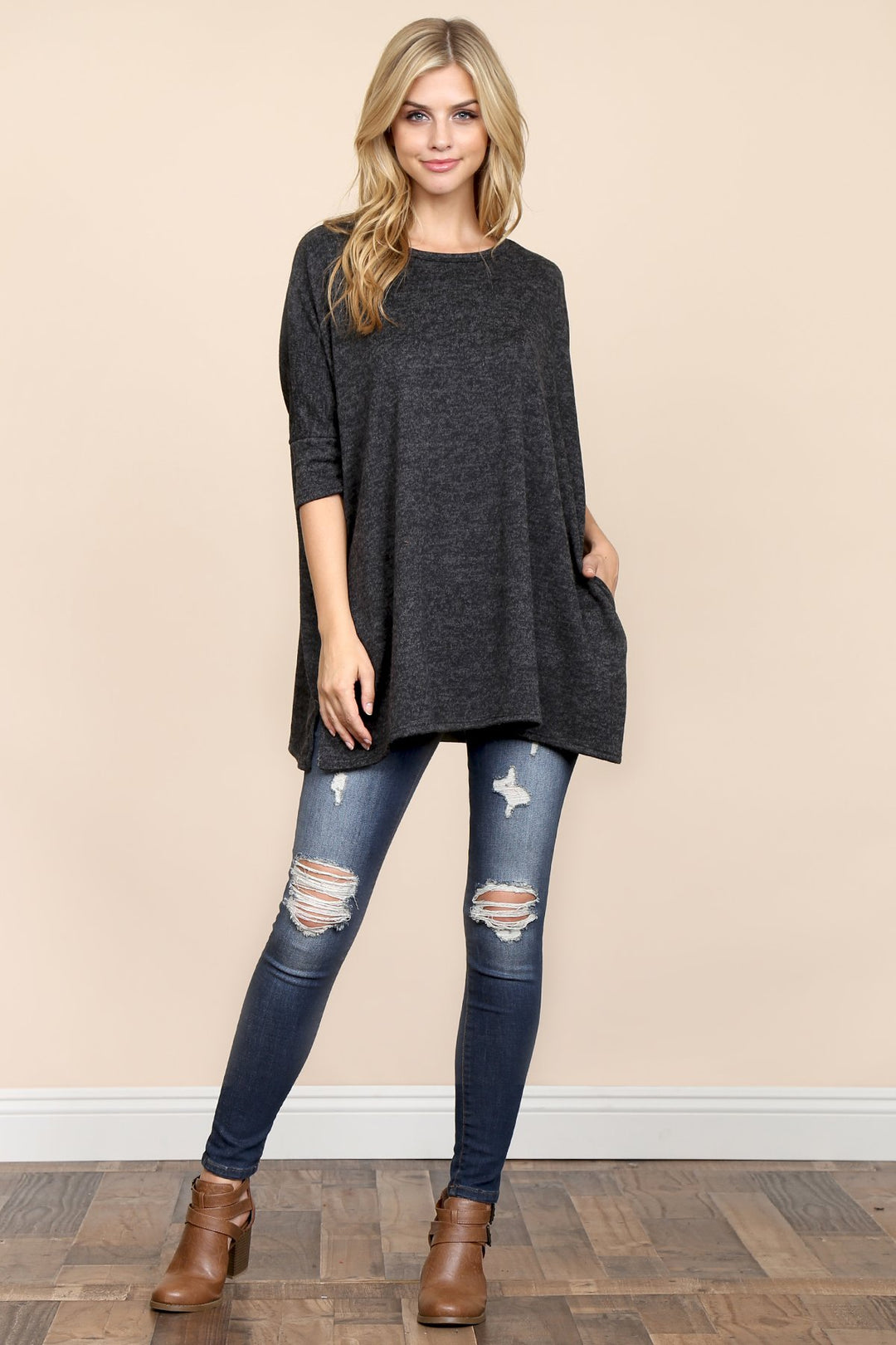 Two Tone Hacci Oversized Dropped Shoulder Pocket Tunic