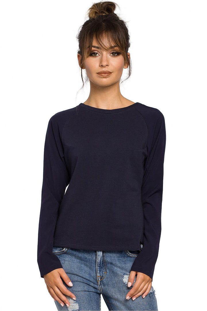 Round Neck Long Sleeve Blouse Navy