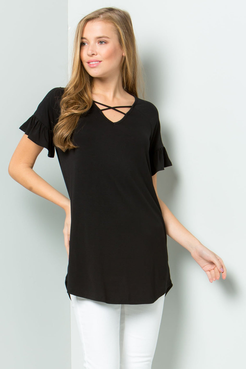 Ruffle Sleeve Criss Cross Tunic