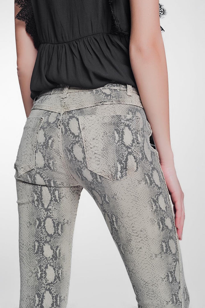 Beige Super Skinny Reversible Pants With Snake Print