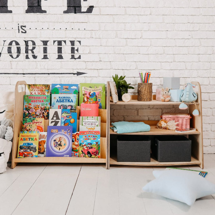 3-in-1 Montessori Shelves Set: Bookshelf + Toy Shelf + Lego Sorter