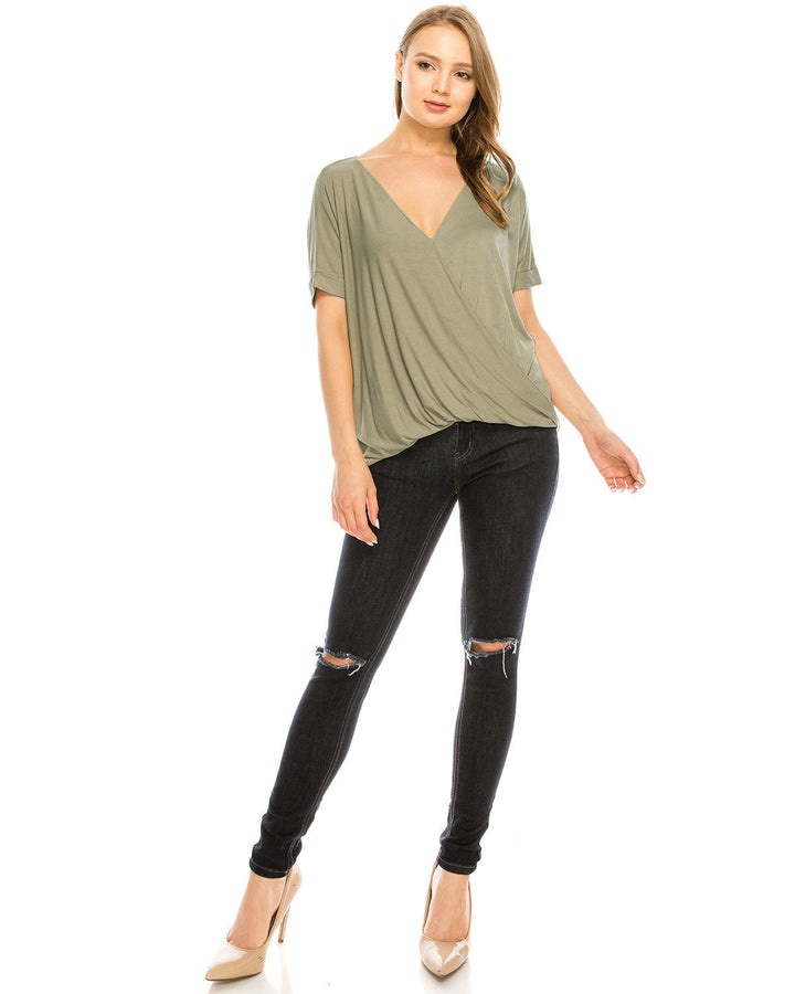 Olive Surplice V-Neck Top Roll Up Casual Blouse