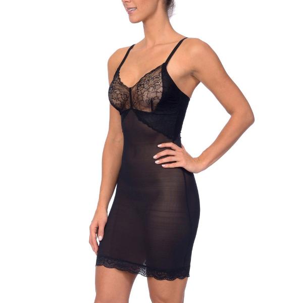 Hi Power Mesh Full Body Slip Shaper With Lace Detail at Bust Black