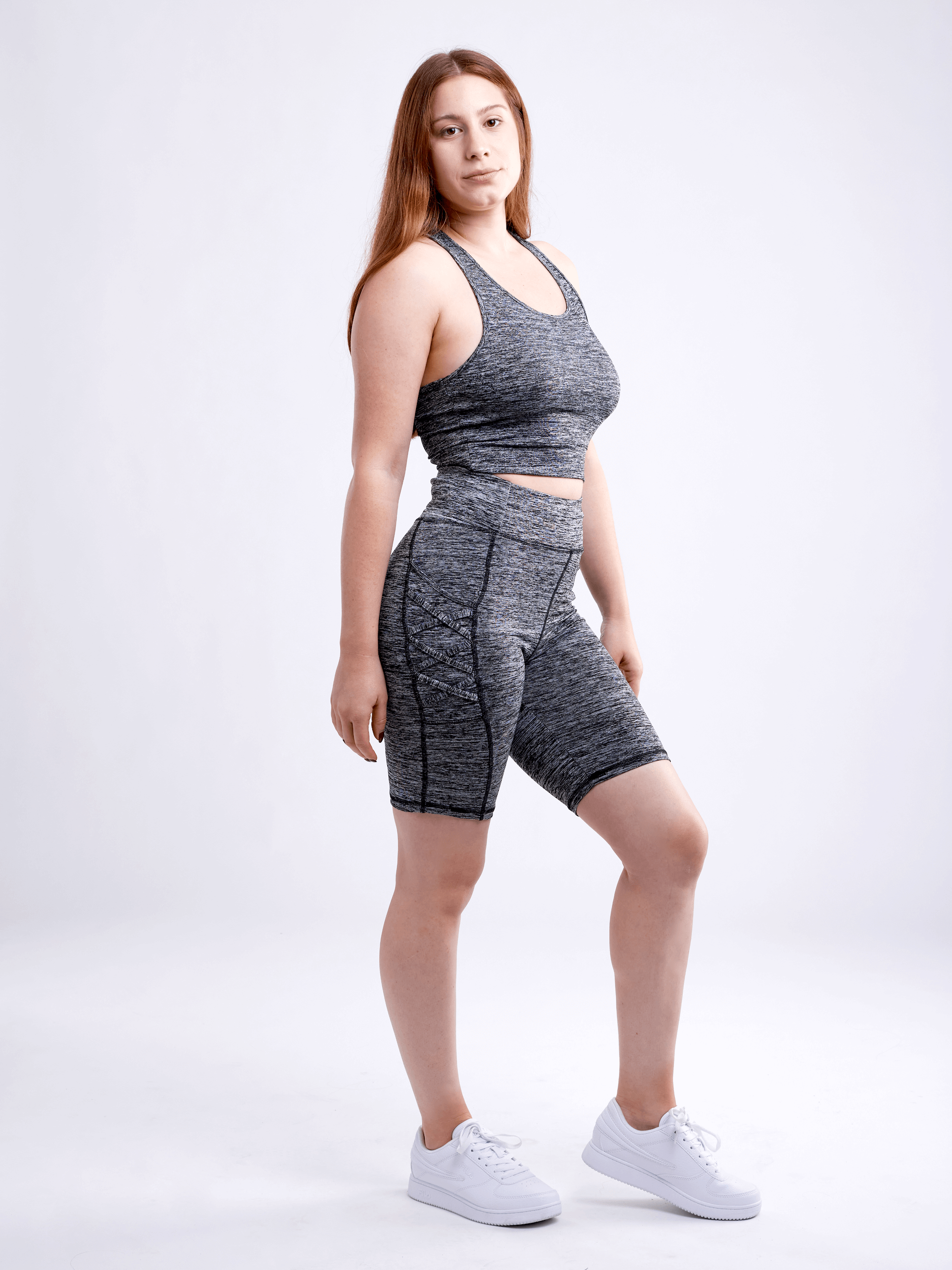 High-Waisted Workout Shorts with Pockets with Criss Cross Design