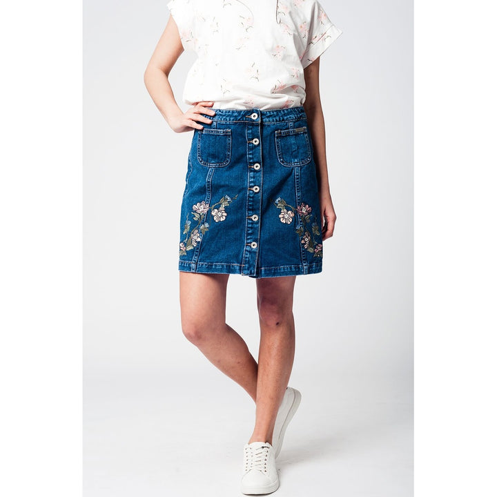 Denim Skirt with Flower Embroidery and Front Buttons