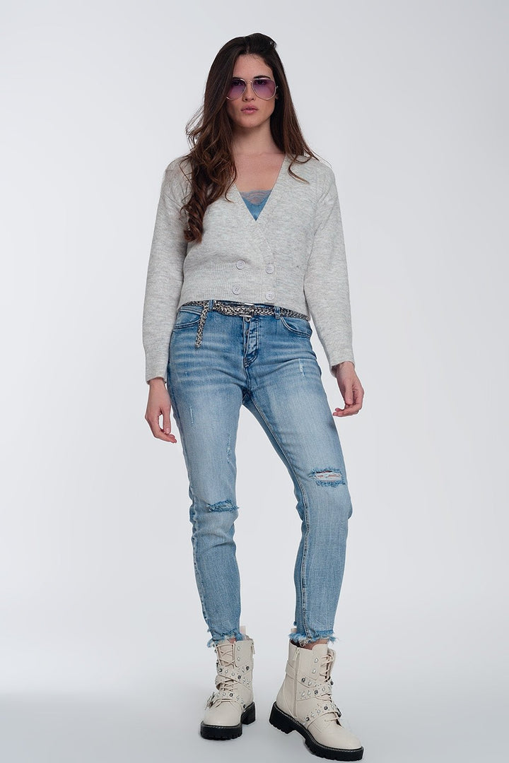 Button Front Cropped Knit Cardigan in Light Gray